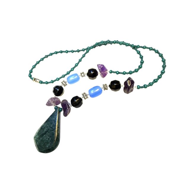 Blue Green Stone Pendant Necklace Boho Gemstone Jewelry Gift Handmade - Picture 8 of 10